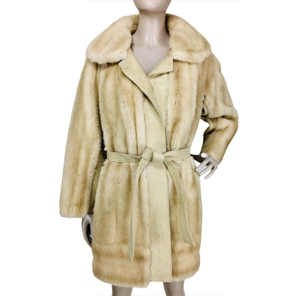 VTG 60s Lilli Ann Beige Suede Leather Faux Fur Belted Mob Wife Penny Lane Coat